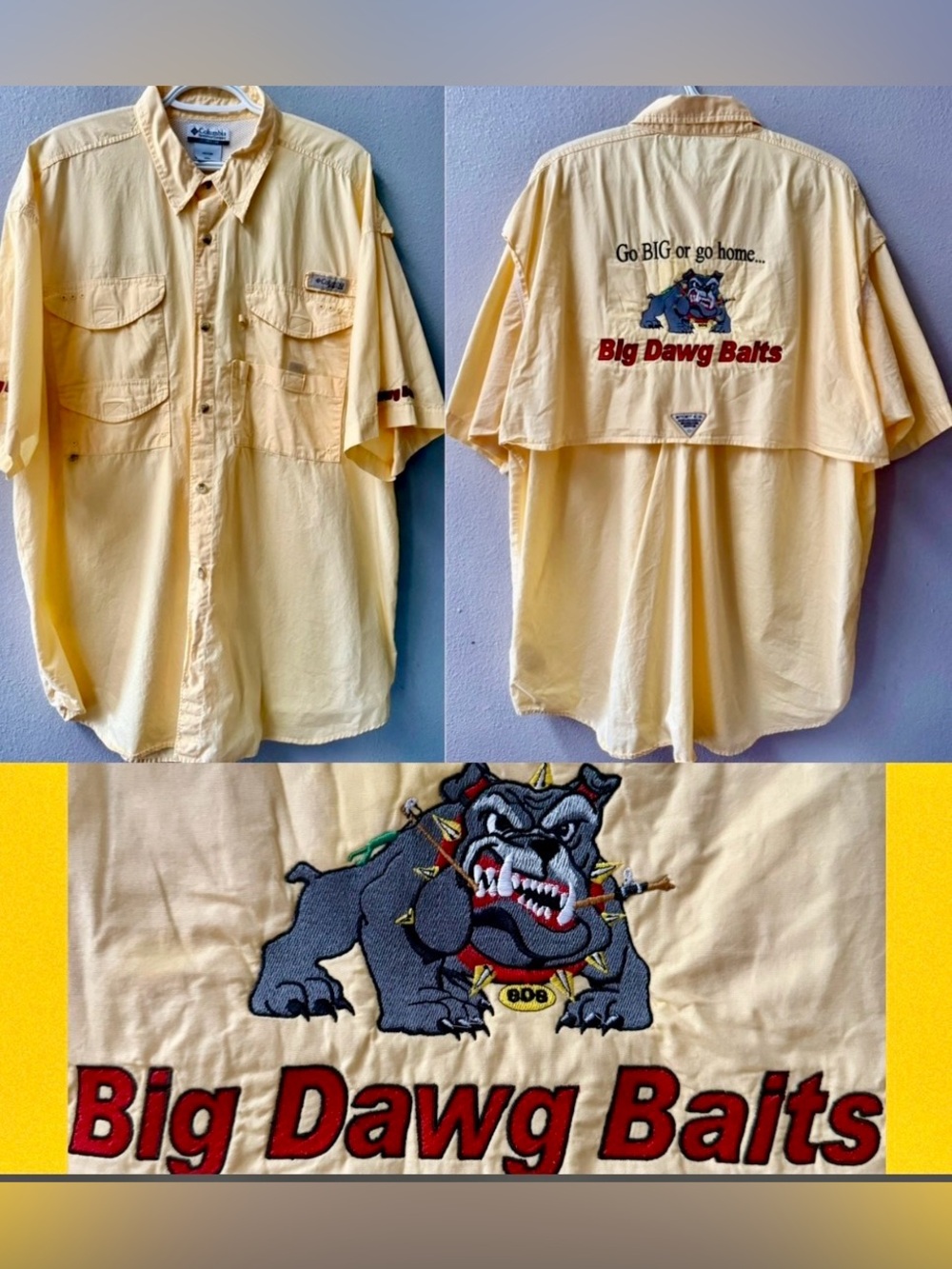 COLUMBIA PFG “BIG DOG BAITS” GO BIG OR GO HOME YELLOW BUTTON DOWN SIZE XL~RARE*